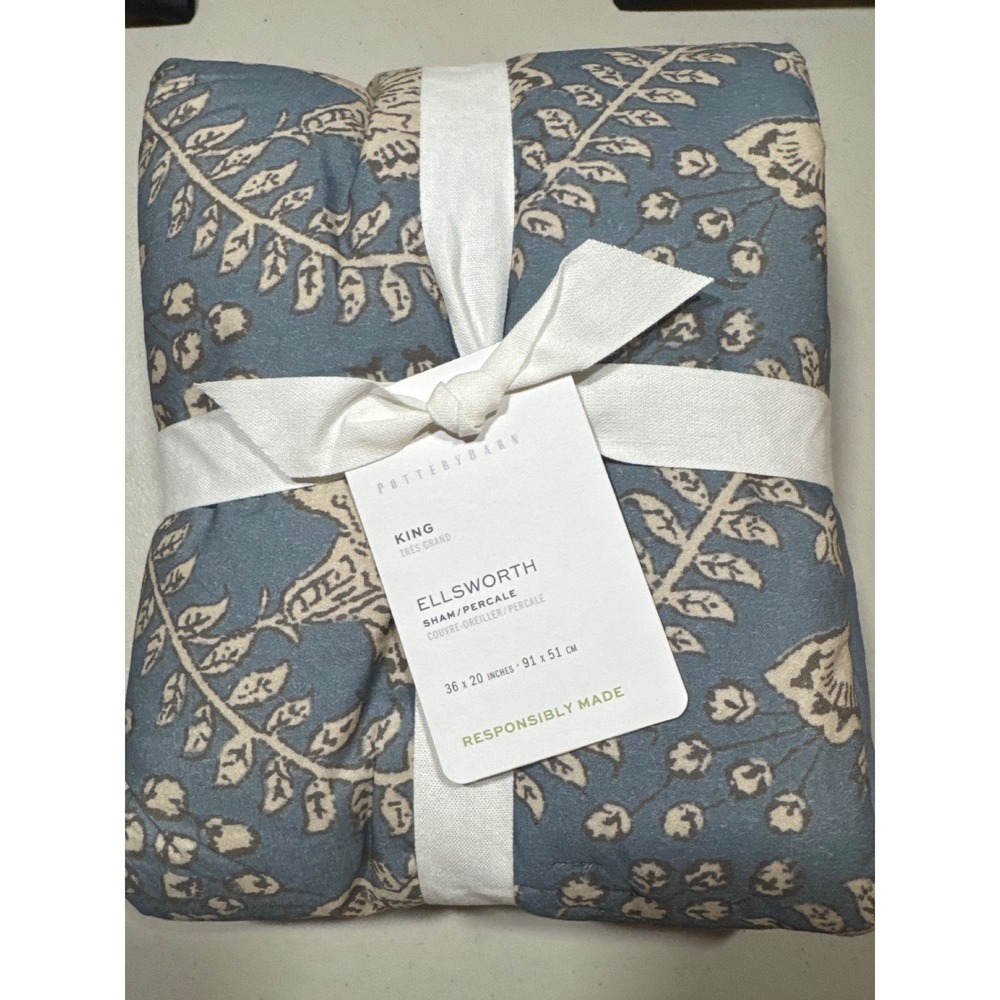Pottery Barn Ellsworth King Sham Blue Floral Cotton Percale 36x20 New